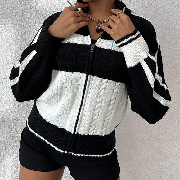 Casual front zipper long sleeve striped cardigan - Picture 5 of 5